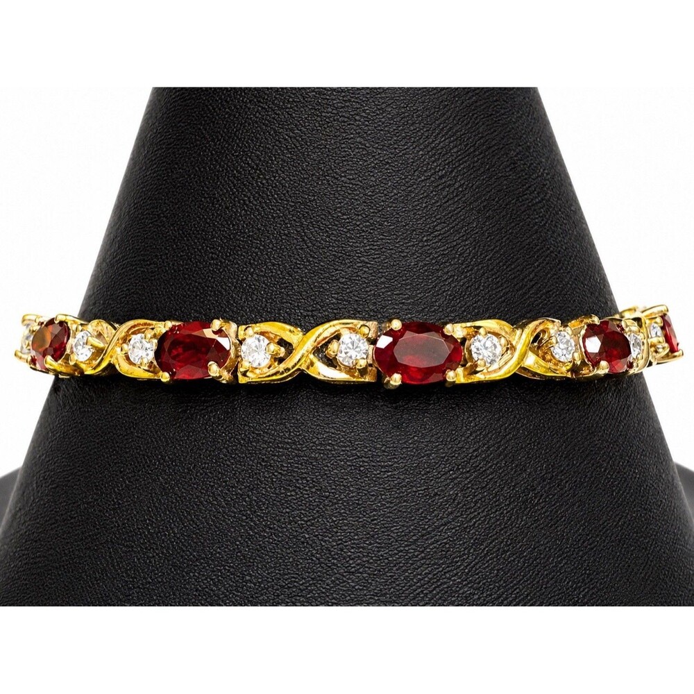 Vintage Red Garnet Gold Vermeil Sterling Silver CZ Tennis Bracelet 7”Oval Cut